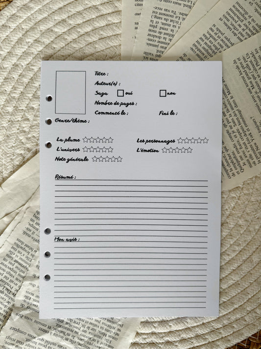 Lot de fiches de lecture pour carnet de lecture