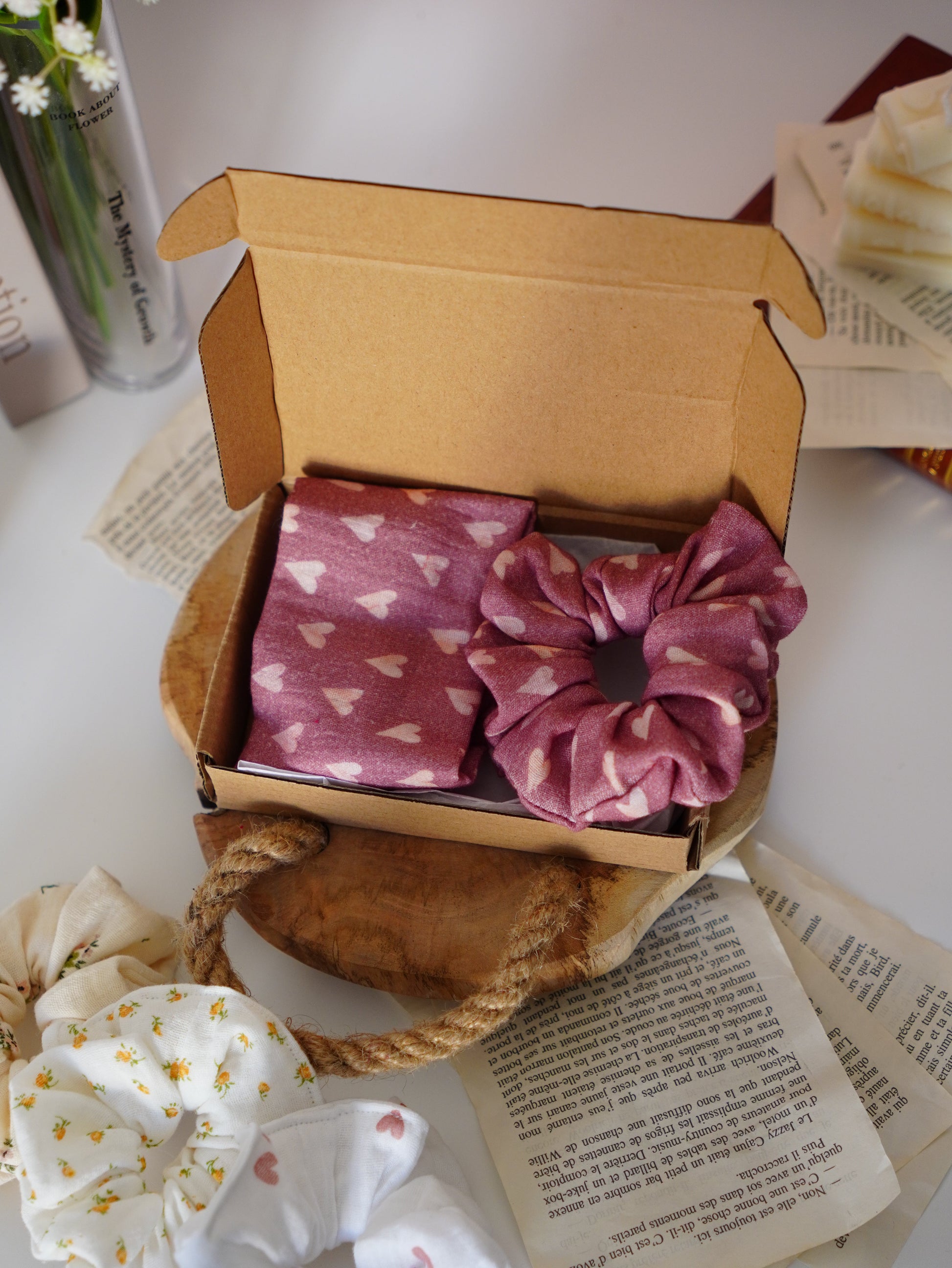 Coffret duo bandeau et chouchou | Duo coeur rose - Aurea Créations