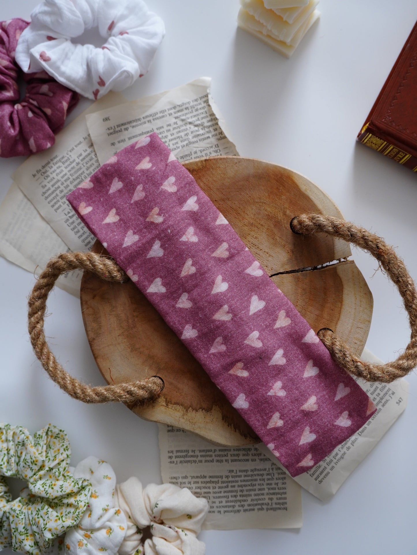 Coffret duo bandeau et chouchou | Duo coeur rose - Aurea Créations