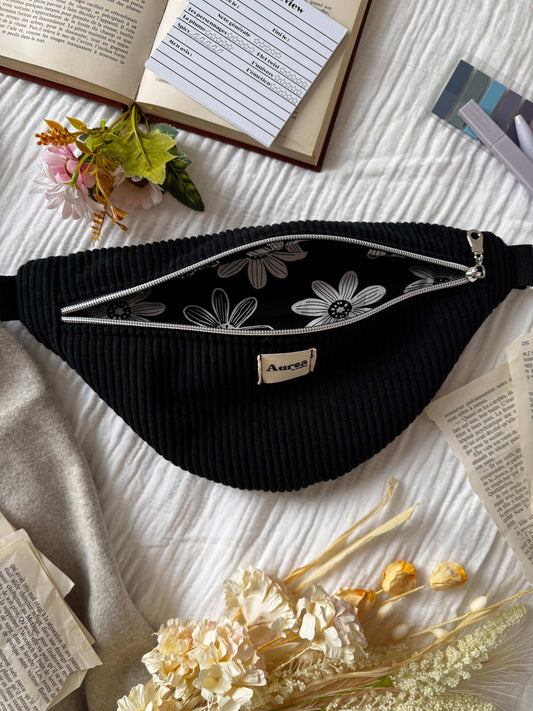 Sac banane Luna – Velours côtelé noir & doublure fleurie - Aurea Créations