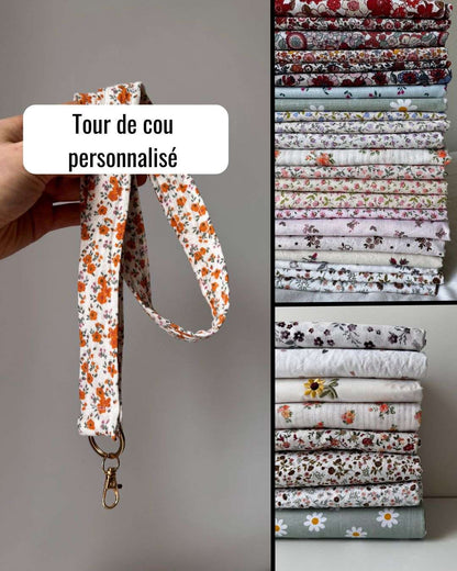 Tour de cou personnalisé en tissu fleuri avec mousqueton doré