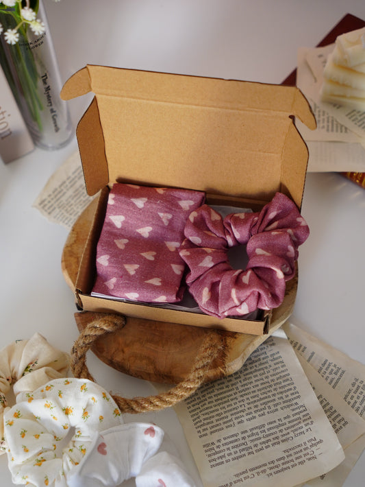Coffret duo bandeau et chouchou | Duo coeur rose - Aurea Créations