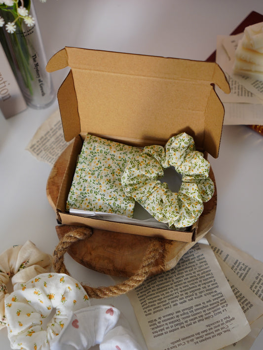 Coffret duo bandeau et chouchou | Duo fleurs vertes - Aurea Créations
