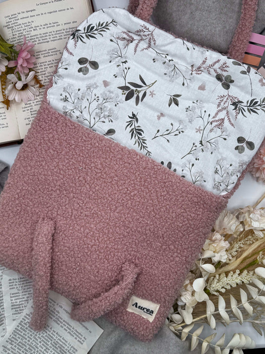 Housse pour livre ou ordinateur en tissu bouclette vieux rose - Modèle Douceur - Aurea Créations