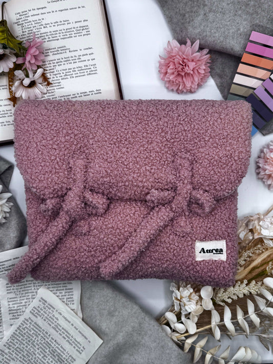 Housse pour livre ou ordinateur en tissu bouclette vieux rose - Modèle Douceur - Aurea Créations